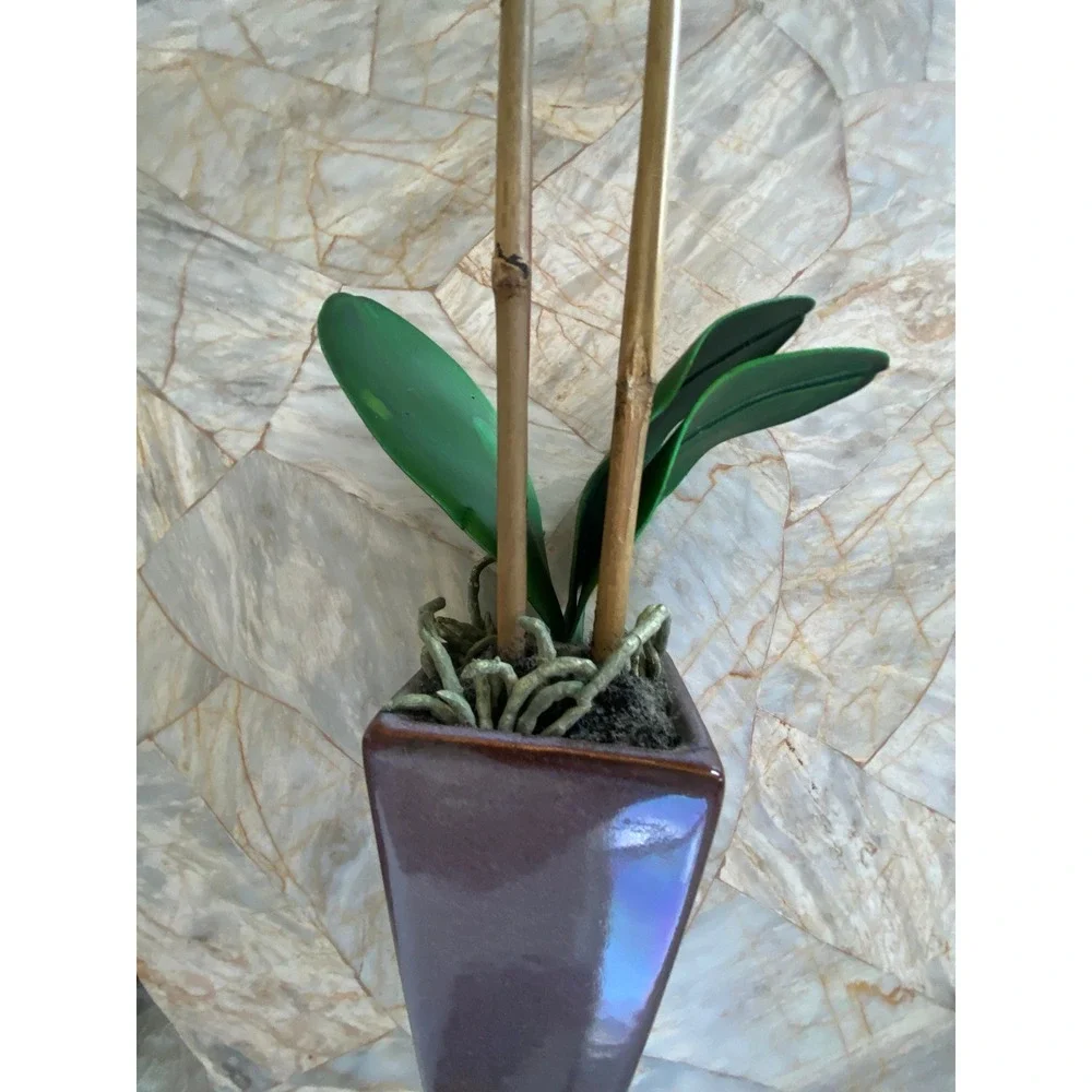 Faux White Orchid Arrangement in Iridescent Purple Ceramic Vase 22 Inch Floral